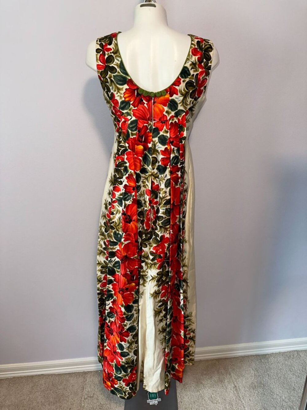 Vintage 60s Tiki Mod Hawaiian Maxi Dress Red Hibiscus Floral Train Hostess Gown - Picture 8 of 9